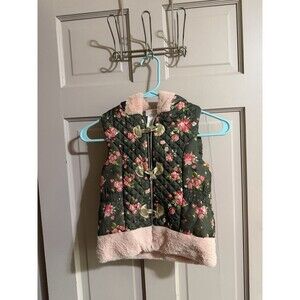 Little Lass Girls Sleeveless Vest Size 5 Kids Green Pink Flowers Zip Hooded